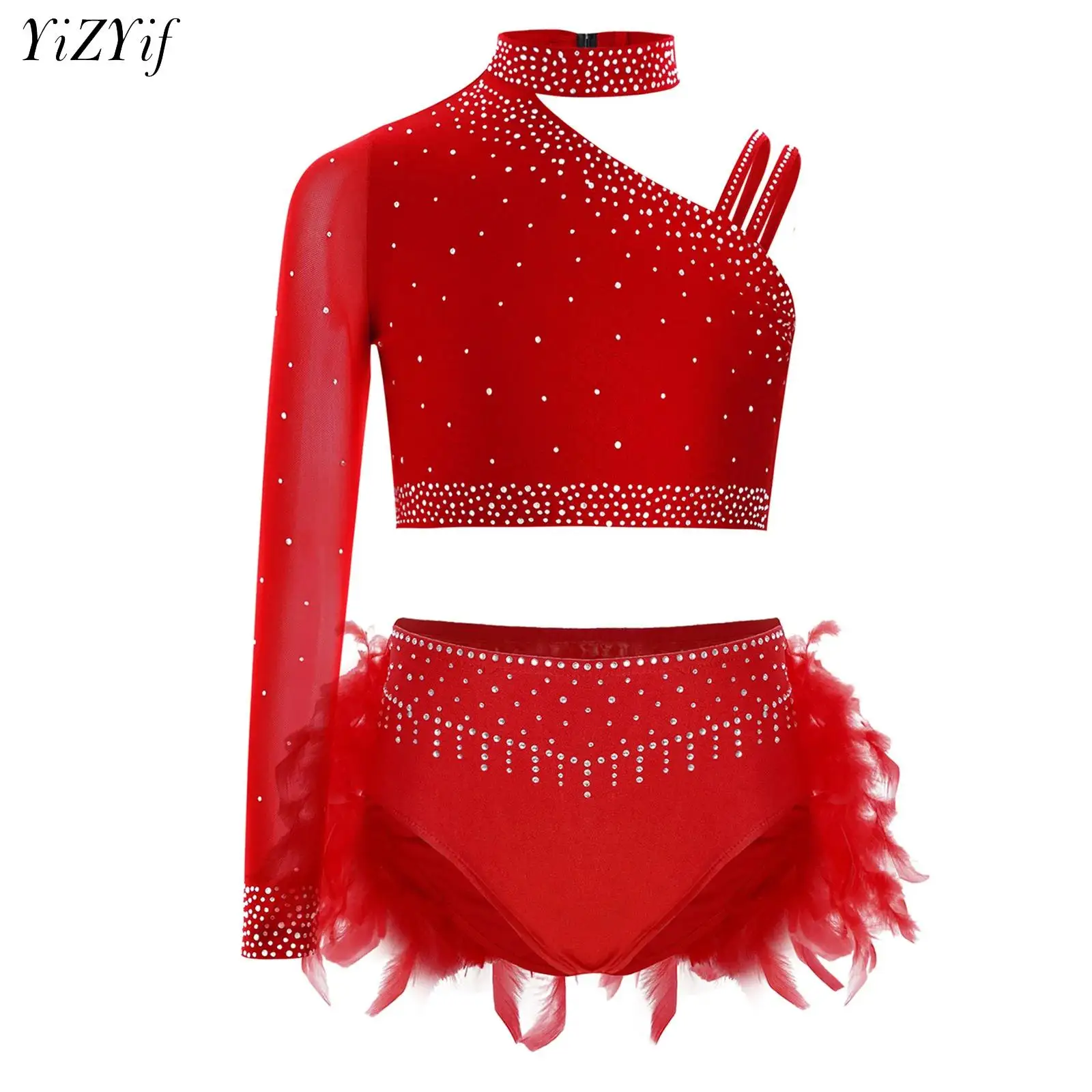 Girls Dance Costumes Kids Girls Figure Skating Dancewear Ballet Lyrical Dance Performance Costume Irregular Shoulder Crop Top+Feather Skirted Briefs