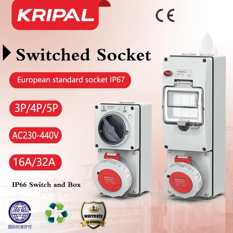 

Kripal IP67 Waterproof CEE Socket 3Pin 32a Outlet Switched Socket Combination With Circuit Protection For charging pile