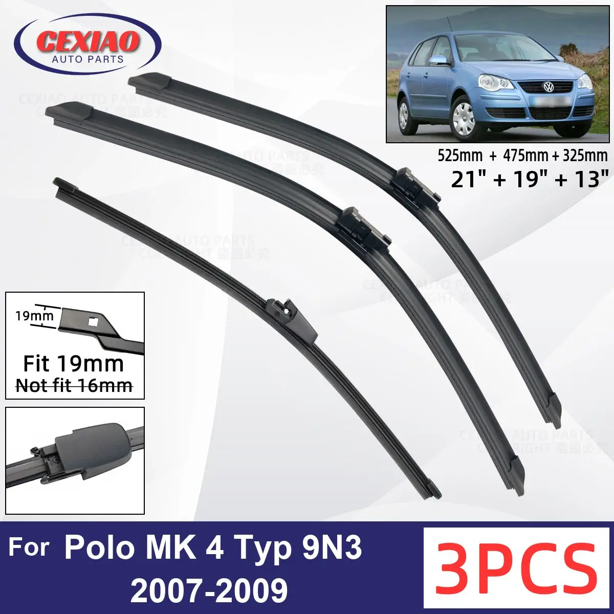 Per Vw Polo Mk 4 Typ 9 N3 2007-2009 Spazzole Tergicristallo Anteriore Posteriore Per Auto Tergicristalli In Gomma Morbida Parabrezza Automatico 21 "19