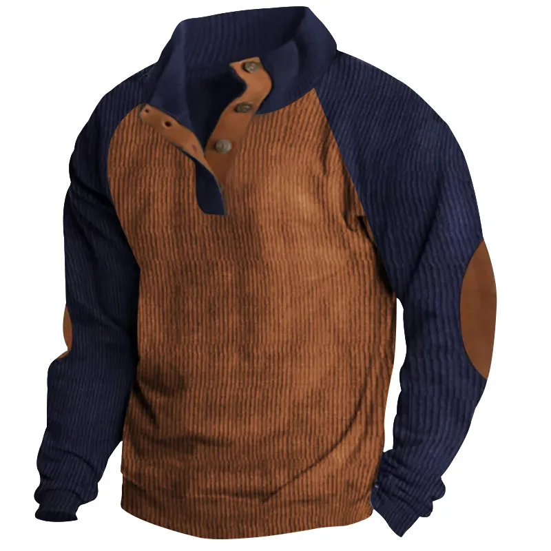 Corduroy Long Sleeve Button Stand Collar Sweatshirt Coat for Men