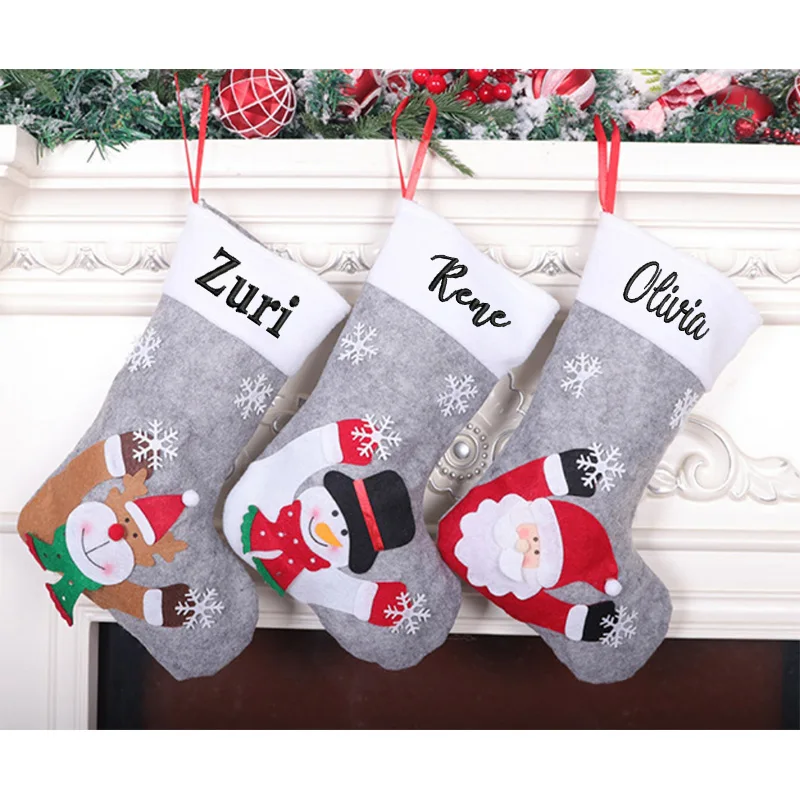 

Customized Name Christmas Socks Gift Bag Grey Lantern Christmas Decoration Candy Bag Christmas Tree Pendant