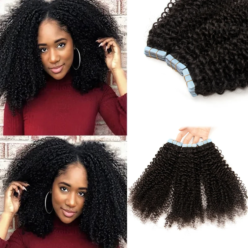 MRS HAIR Tape In Hair Extensions Deep Curly Human Hair Skin Weft Kinky Curly Tape 12-24inch Natural Black Remy 20pcs/Pack