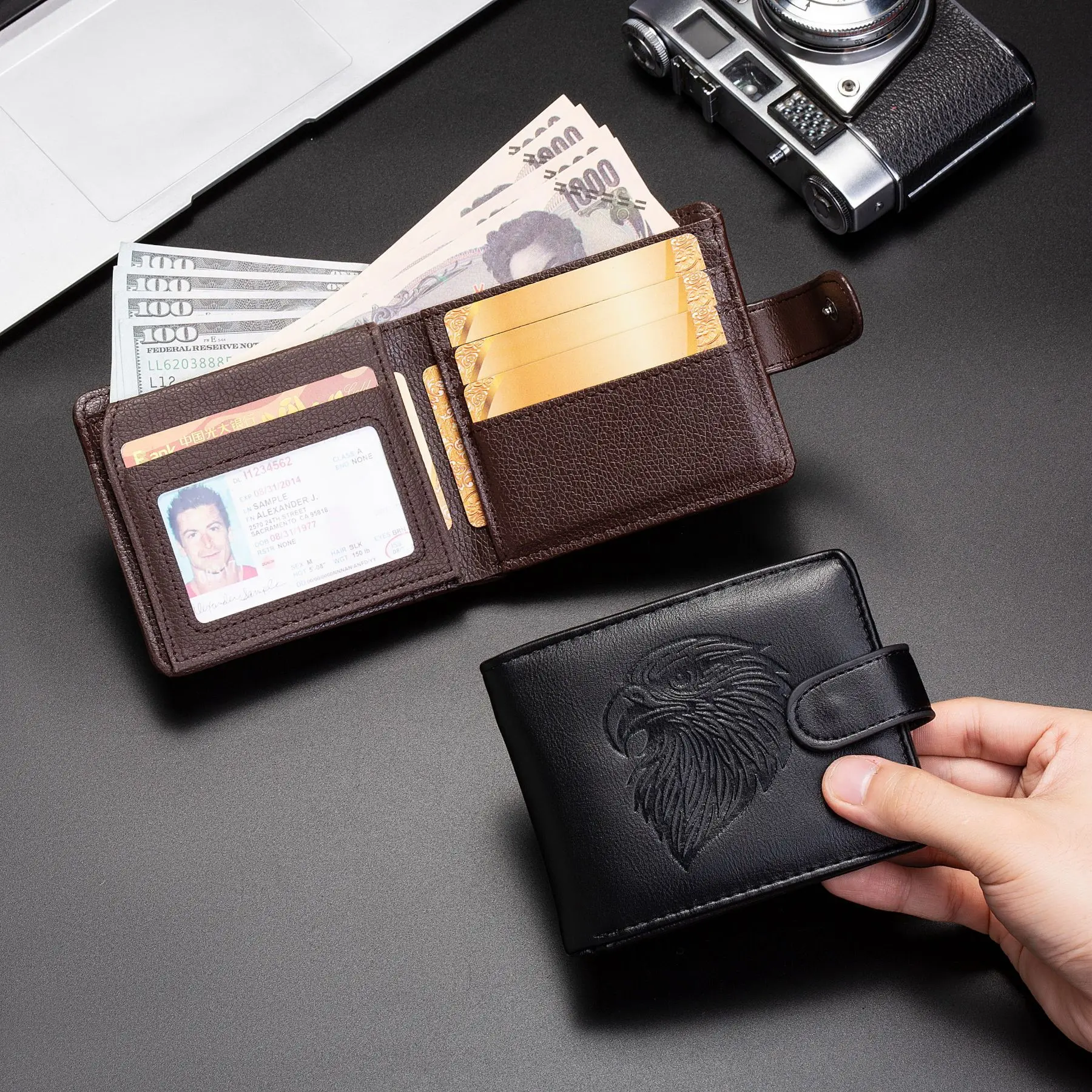 Embossed Eagle PU Leather Men's Retro Wallet – Multi-Functional Business Card Holder with Large Capacity