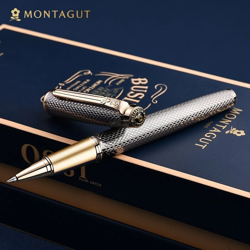 Montagut Exquisite Golden And Silver Mesh Trim Roller Ball Pen Iridium Nib Stationery Writing Gift Pen Set baoer 801 green and black stripes golden clp roller ball pen wholesale stationery school