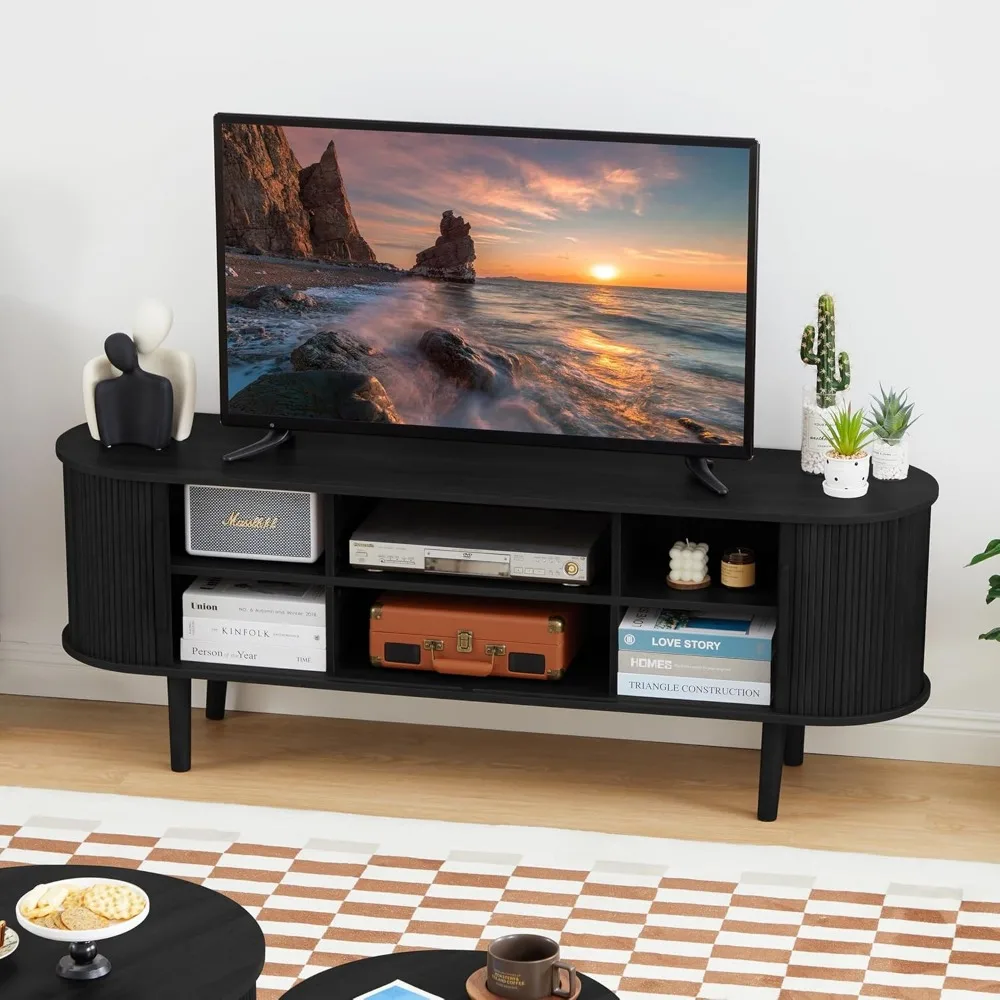 TV Stand, Modern TV Console Table with Storage Compartment and Sliding Door, Gaming Entertainment Center with Cabinet for Living 5