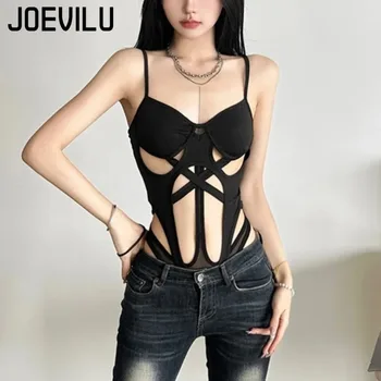 Y2K Black Bodysuit Women Hollow Out Sexy Sleeveless Tops Spaghetti Strap Streetwear Bodycon Jumpsuit Festival Aesthetic Clothes 1