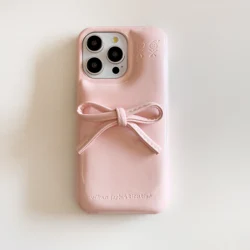 Korean Cute Bow Kawaii Glossy Leather Phone Case Cover - iPhone 15 (Pink)