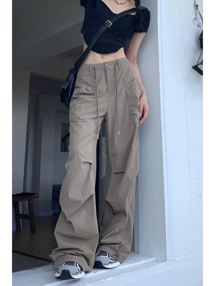 

HOUZHOU Khaki Gorpcore Cargo Pants Women Harajuku Y2K Gyaru Oversized Wide Leg Trousers Hippie Kpop Streetwear Baggy Sweatpants