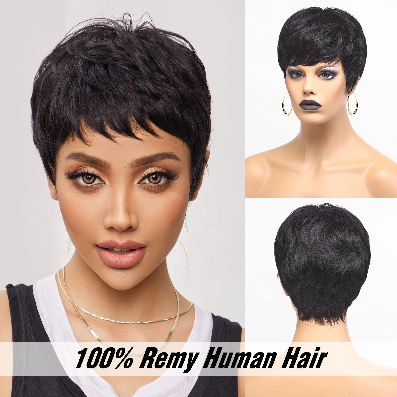 

Short Pixie Cut Bob Human Hair Wigs Straight Black Brown Remy Hair for Women Natural Layered Wig with Bangs Cheap Glueless Wig