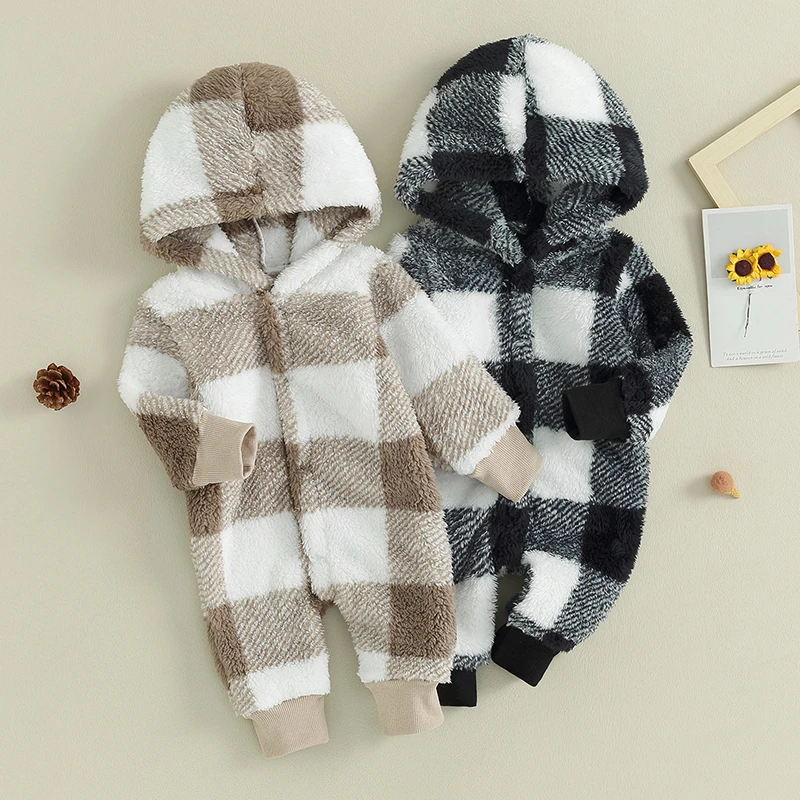 

Baby Boys Plush Warm Jumpsuits Newborn Infant Winter Clothes Casual Hooded Romper Long Sleeve Button Down Plaid Jumpsuit