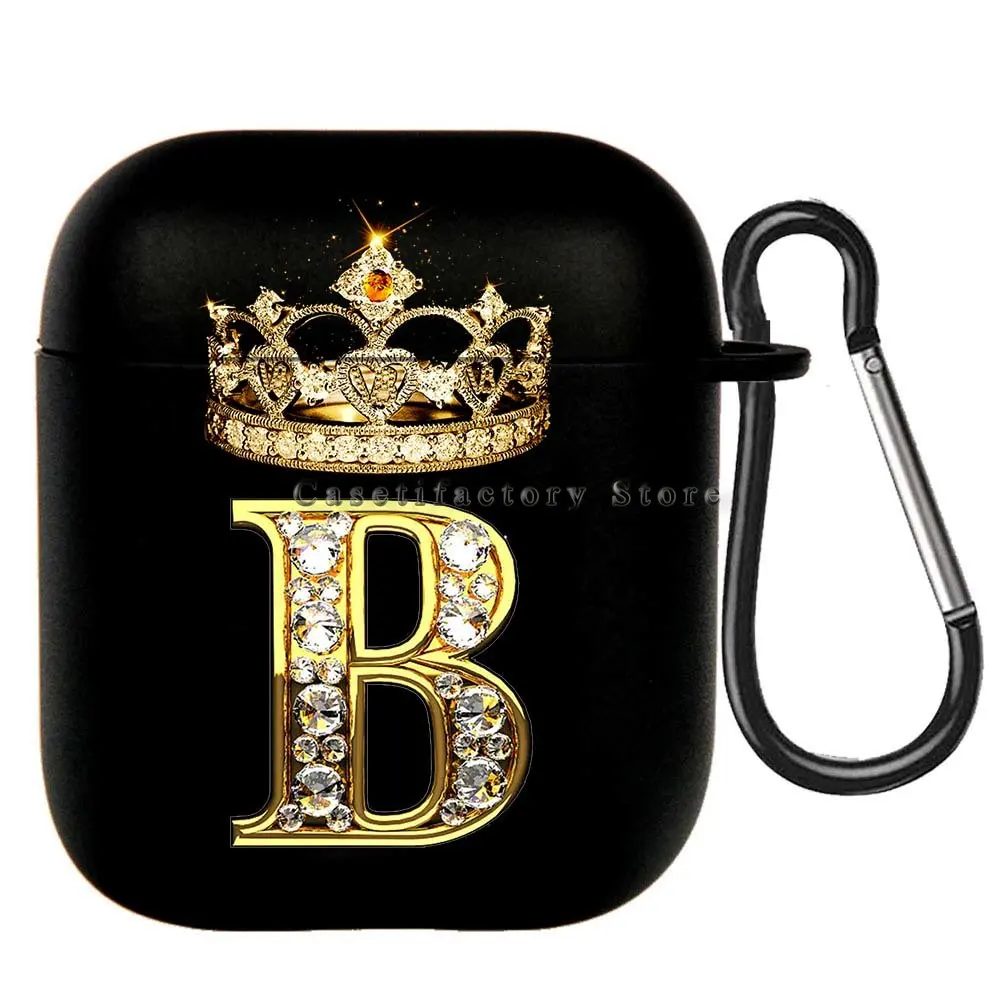 Elegant Diamond Crown Initial AirPods Case - Black Wireless Bluetooth Earphone Cover