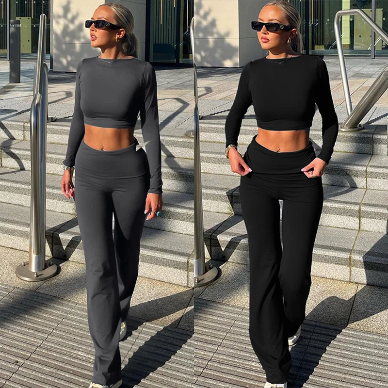 Causal Bodycon Suits Flare Yoga Pants Women Long Sleeve Leisure Slim Crop Tops Spring Sexy Fashion Vintage Set Solid Clothing