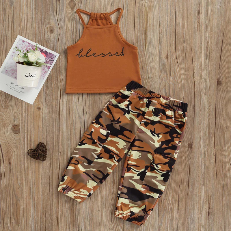 Kid Girls Long Pants Outfits Sleeveless Letter Print Sling Tank Tops+Elastic Waist Camouflage Pattern Pockets Pants Set 1-6Years