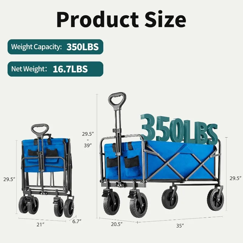 Collapsible Wagon Cart Foldable, 35" L Folding Beach Wagon with All-Terrain Wheels, Heavy Duty Shopping Cart with 350lbs Large
