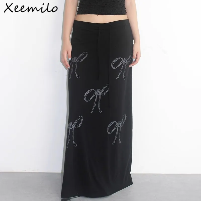 

Xeemilo Vintage Elegant Multi Bow Print Skirt Chic Draw-string Bandage High-waist Long SkirtsAutumn Winter Streetwear Slim Skirt