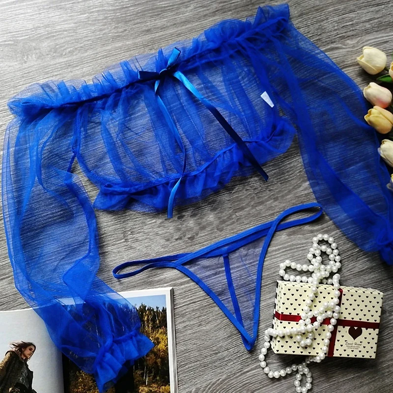 Sexy Perspective Blue Mesh Women's Underwear Exotic Fantasy Sexy Apparel Open G-string Pants Transparent Lingerie Pajamas