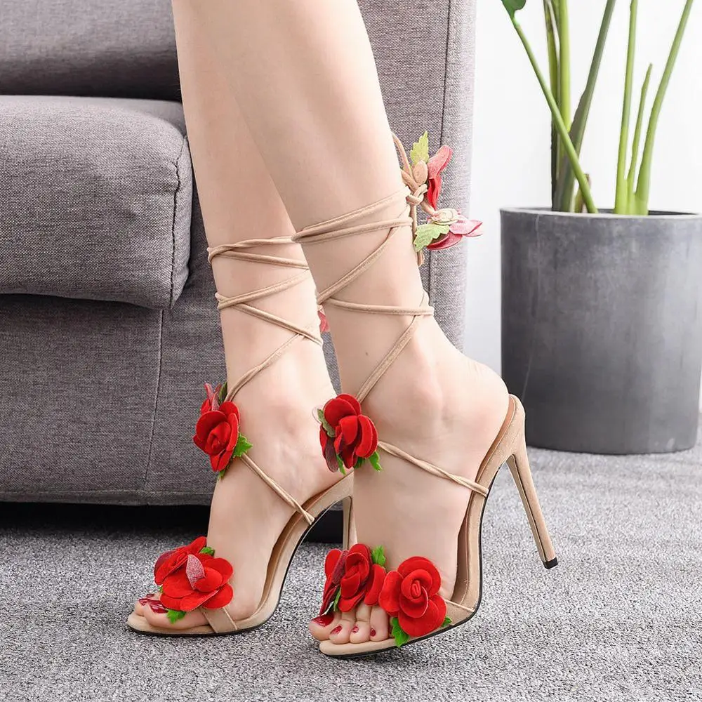 

2023 New 11cm Rose Blossom High Heel Sandals High Heels Open Toe Summer High Heels Women's Dress Sexy Shoes