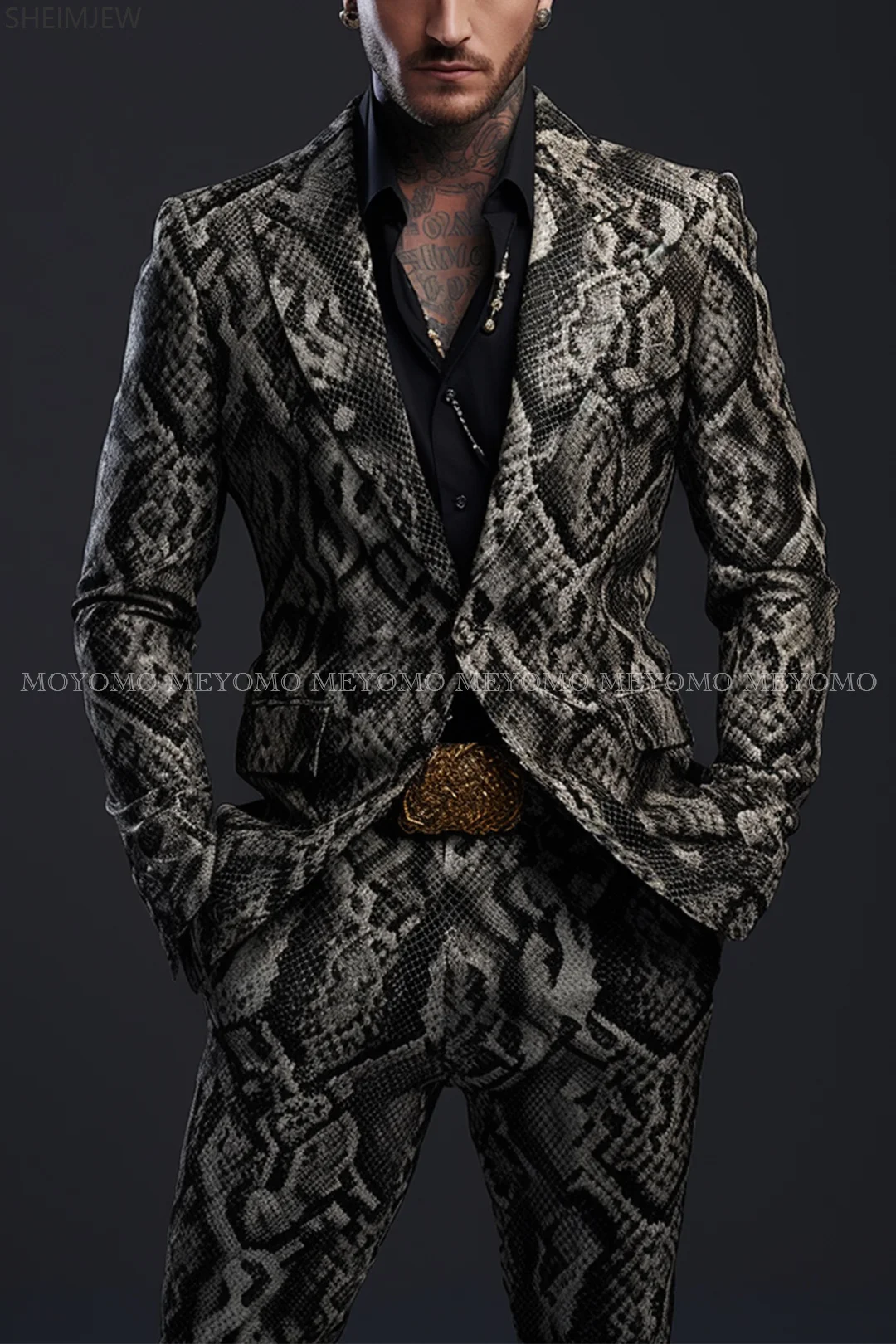 Men's Suit Two-piece Suit Fashionable Adult Cosplay Crocodile Pattern Host Wedding Macho Jacket Pants Business Gown