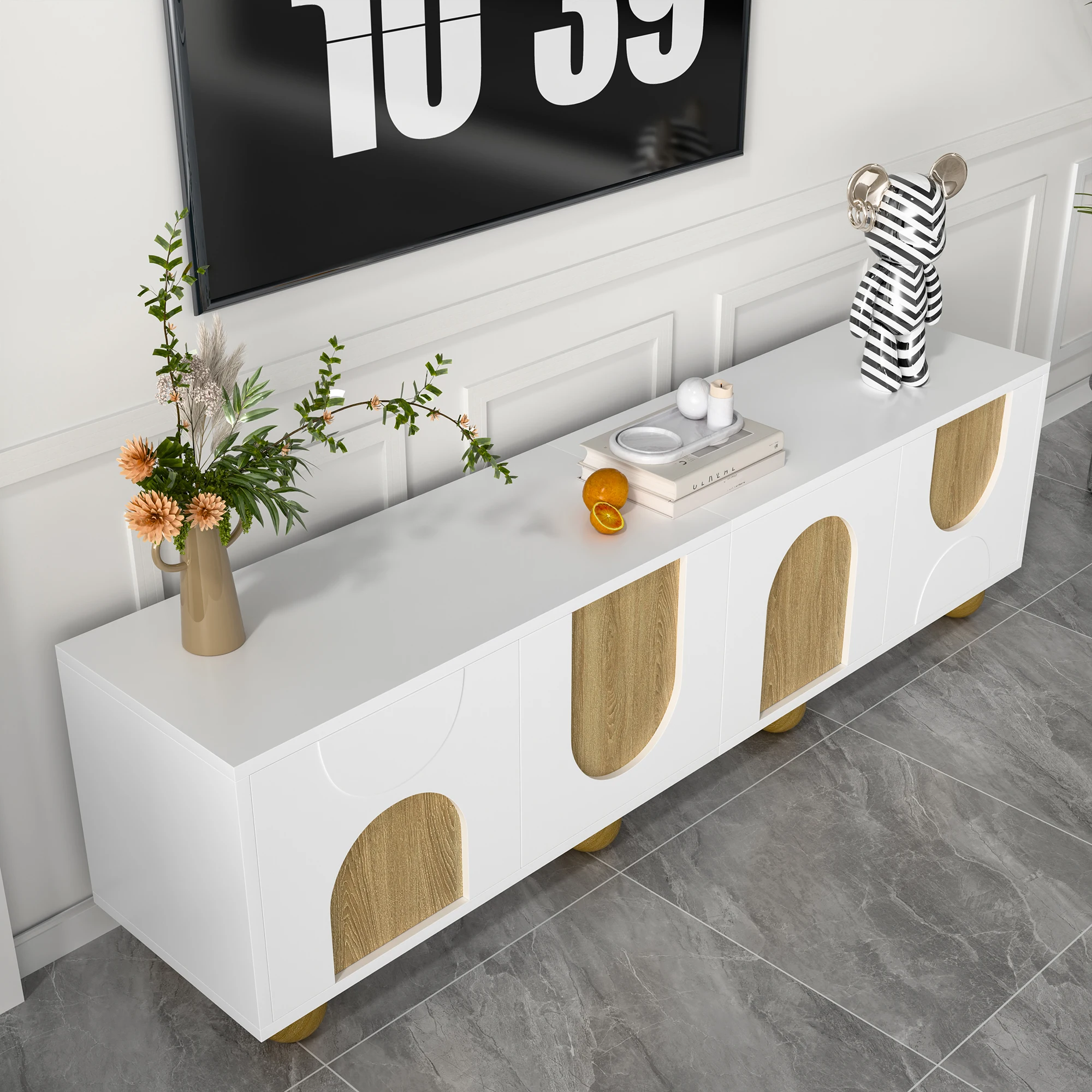 PINGGO TV-Schrank mit vier Türen, TV-Ständer, niedriger TV-Schrank, einzigartiges Design, Vintage-Holzmaserung, 175 x 38 x 50 cm – Detail 10