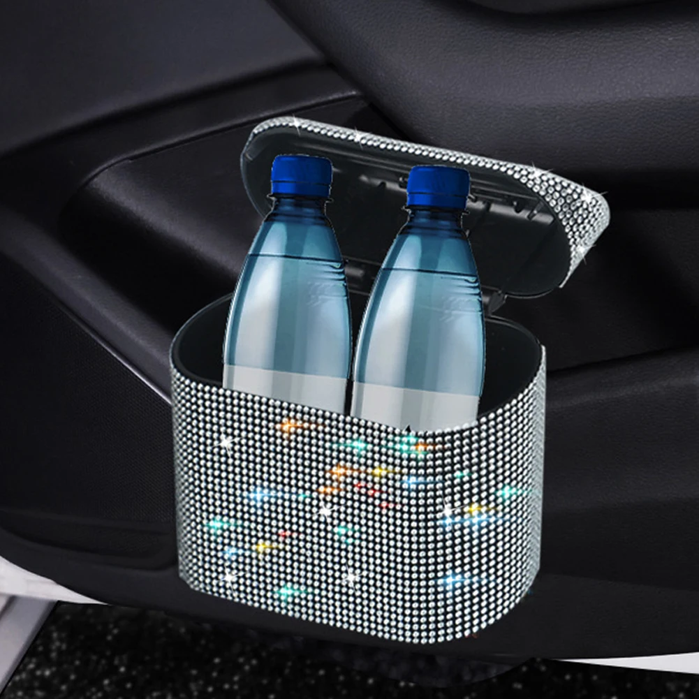 Diamond Crystal Car Trash Can Bin with Lid Leakproof Mini Vehicle Trash Bin Glitter Garbage Dustbin Organizer Container Bag