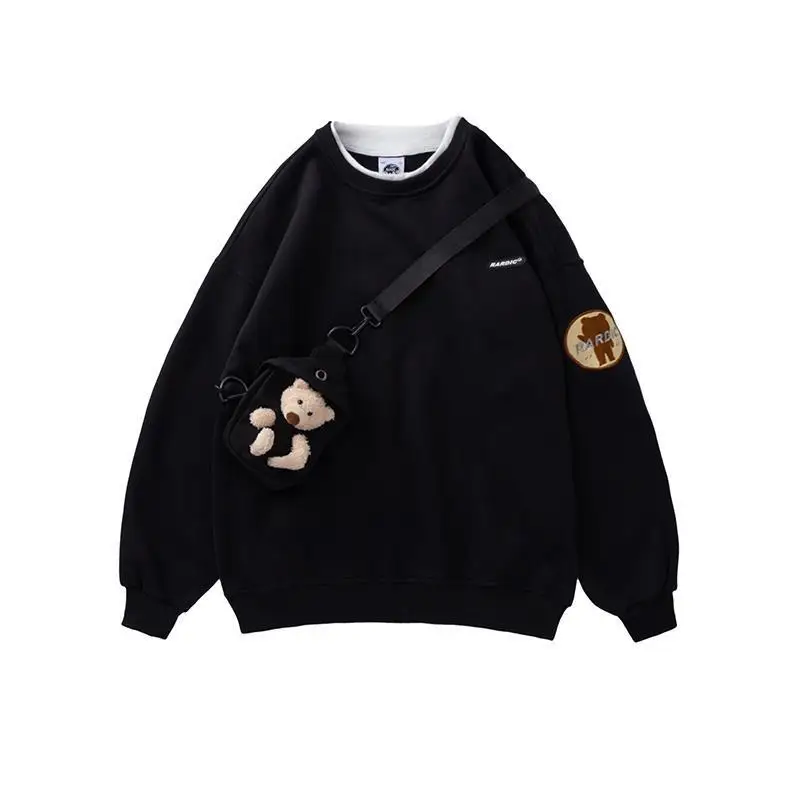 Plush Thick Bear Winter Pullover with Bag Men and Women Loose Couple Fake Two-piece Tops Long Sleeve Solid O-Neck Sweatshirt