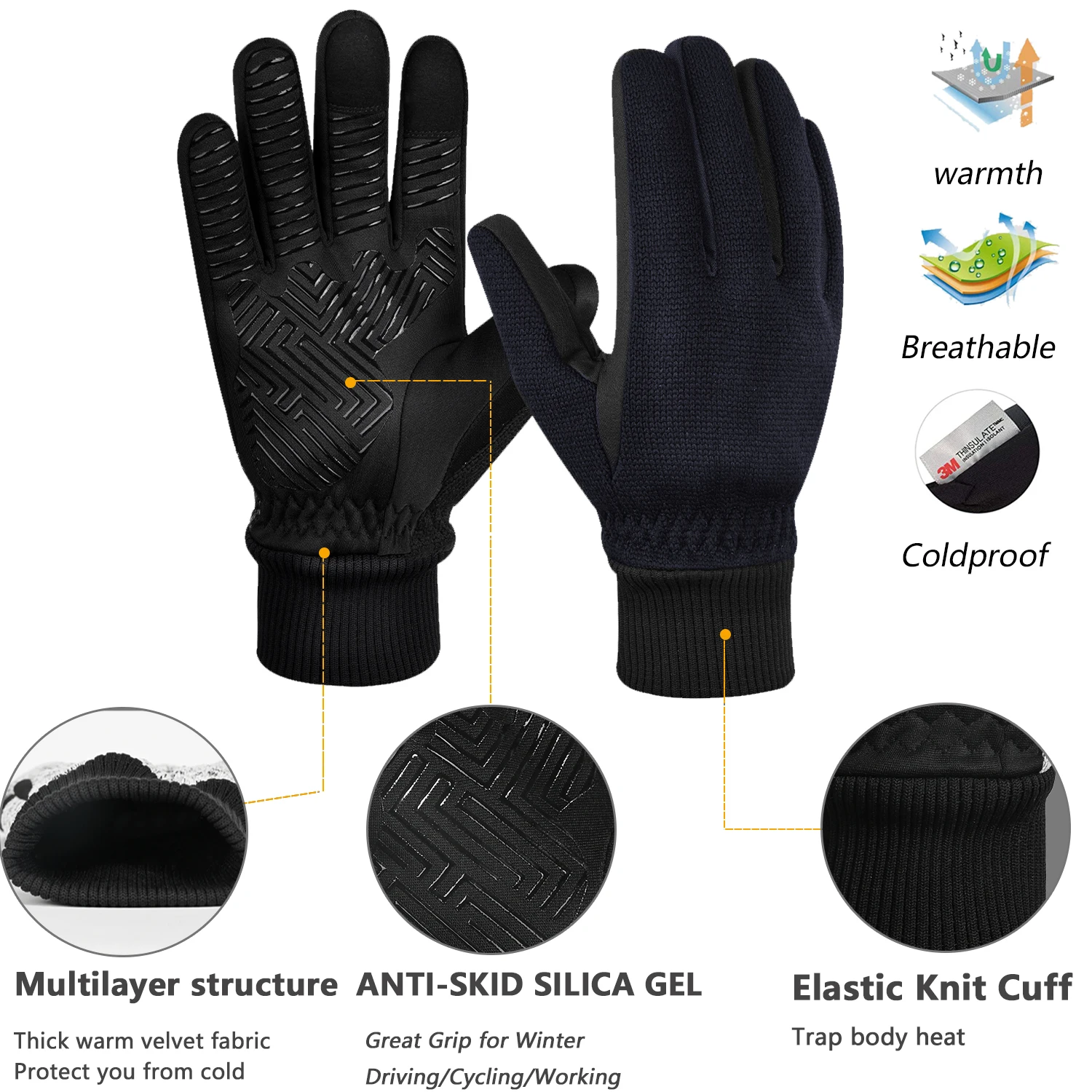 Winter Cycling Gloves Full Finger Windproof 3M Thinsulate Thermal Gloves Touchscreen Snowboard Gloves Non-slip Road Bike Gloves 3