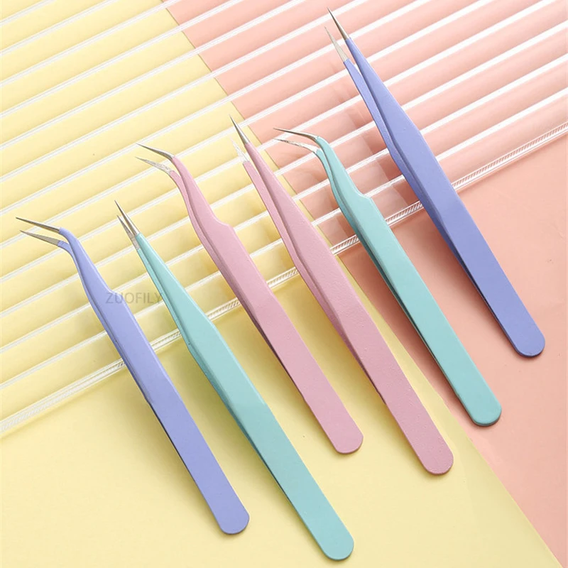 Stainless Steel Straight + Curved Colored Tweezers for Nail Art Sticker Rhinestones Picking Tool Makeup Eyelash DIY Tweezer Tool nail art tweezers eyelash tweezers