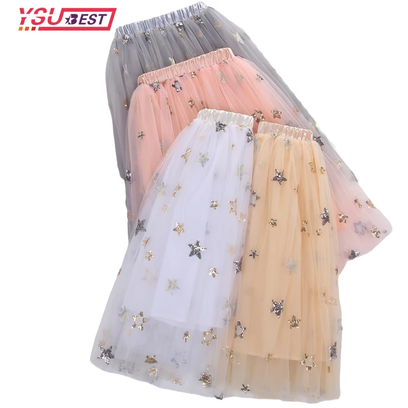 

2-8YGirls Skirts Stars Sequined School Girls Skirts Sweet Children's Princess Tutu Skirt Summer New Korean Casual Mesh Skirts