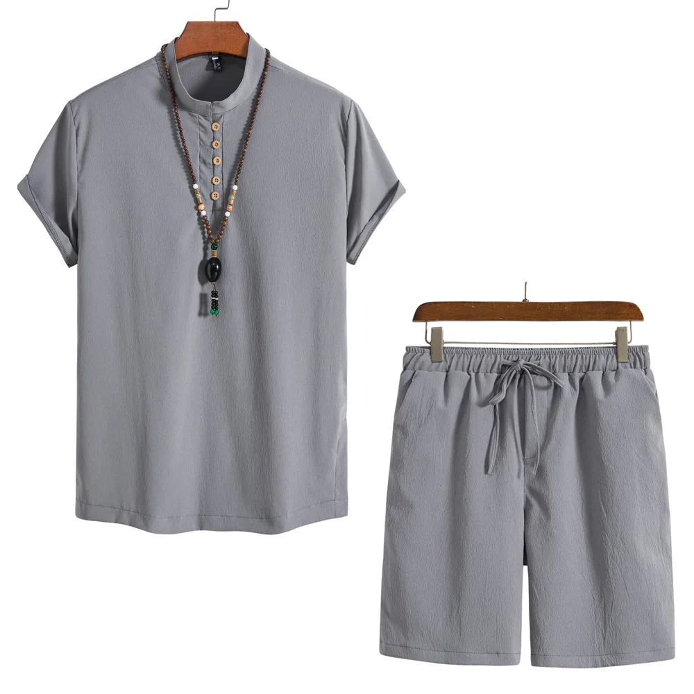 Mens Short Sleeve Button Blouse Shirt Tops and Wide Leg Short Suits