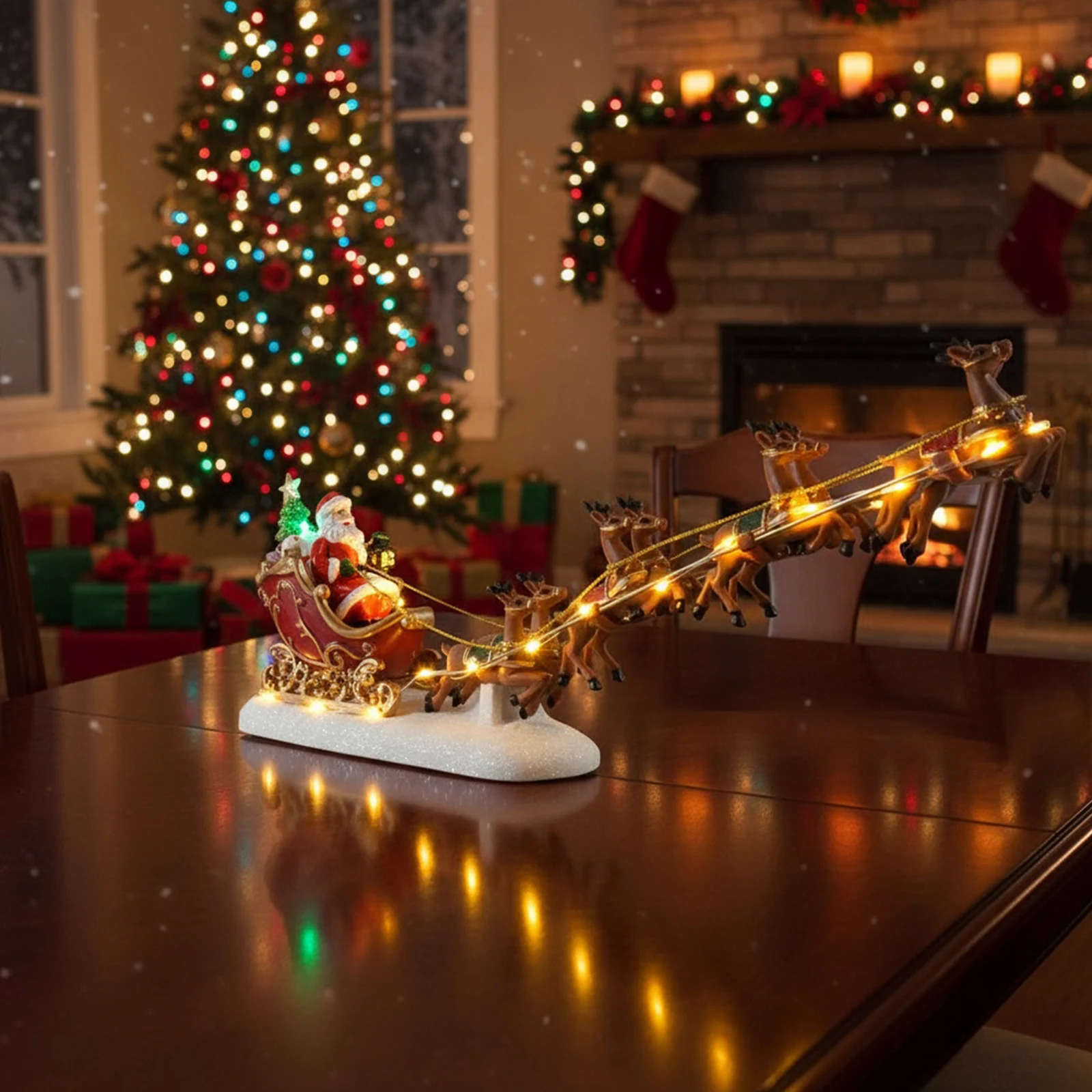 Christmas Santa Claus Sleigh and Reindeer Figurine with LED Lights Holiday Ornament Xmas Home Tabletop Decoration Gift