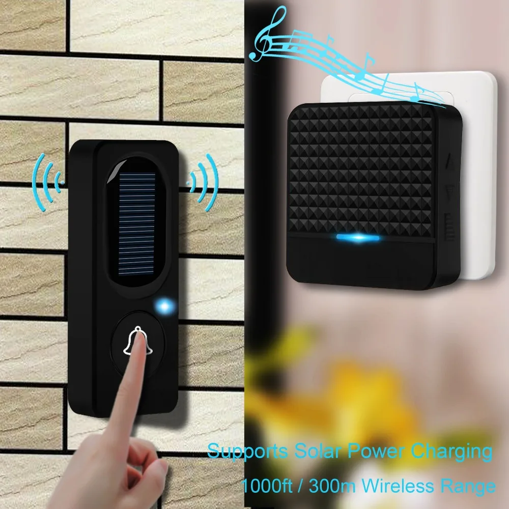 Solar Wireless Doorbell Low Power Outdoor IP65 Waterproof Max 300m Long Range Gate Entry Vistor Ring Door Bell Chime EU US Plug