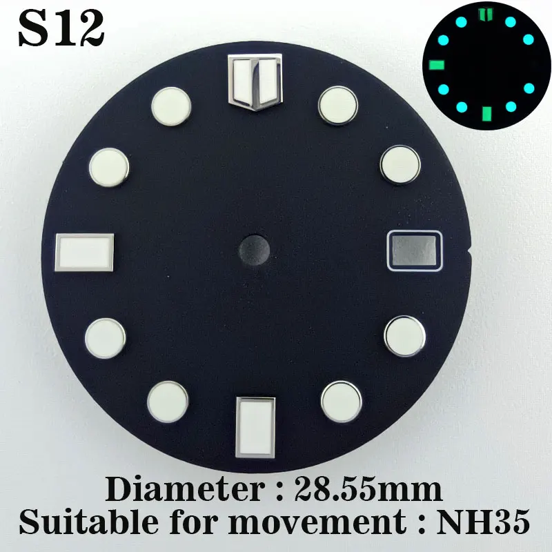 28.55mm fishscale watch dial c3 Super Green luminous for NH series 35 movement assembly blue black single calendar watch parts