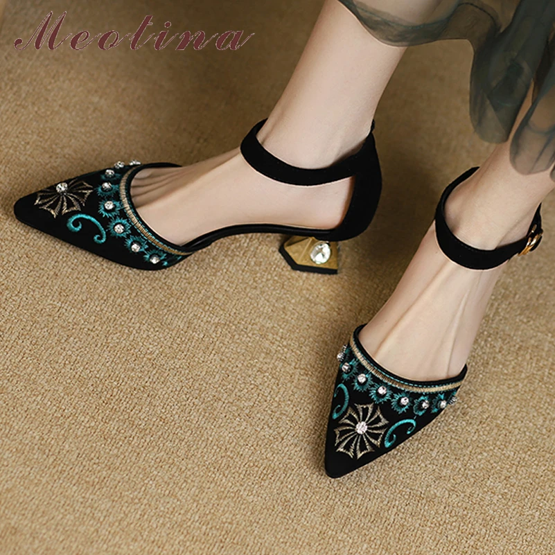 

Meotina Women Genuine Leather Two-Piece Pump Pointed Toe Block Mid Heels Embroider Buckle Crystal Ladies Fashion Shoes Summer 43