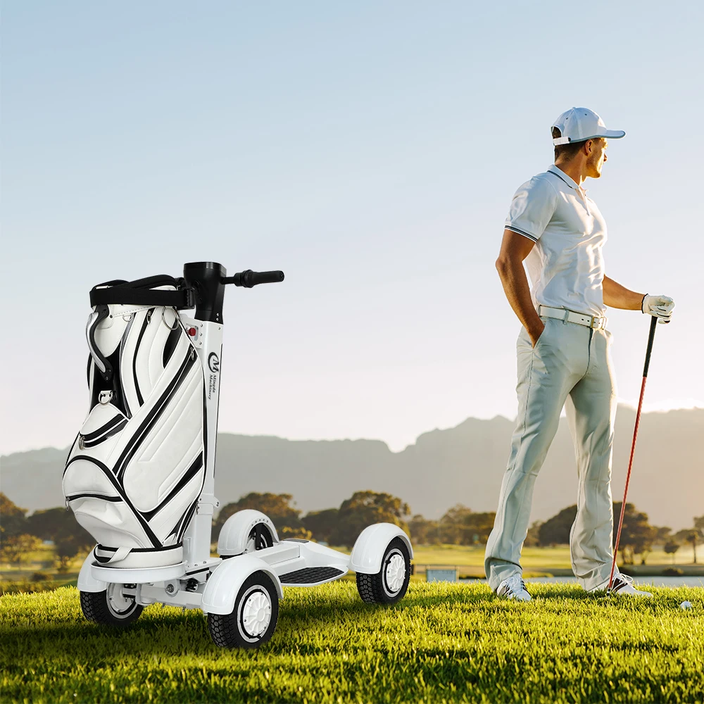 Umbrella Golf Carts Electric Foldable 4 Wheel Trolley Electric White Golf Scooter