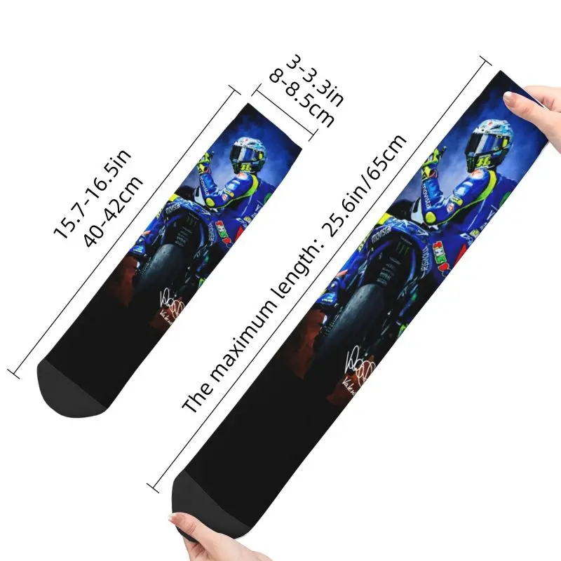 Fashion Print Motorcycle Racing Rossi Socks for Men Women Stretchy Summer Autumn Winter Crew Socks