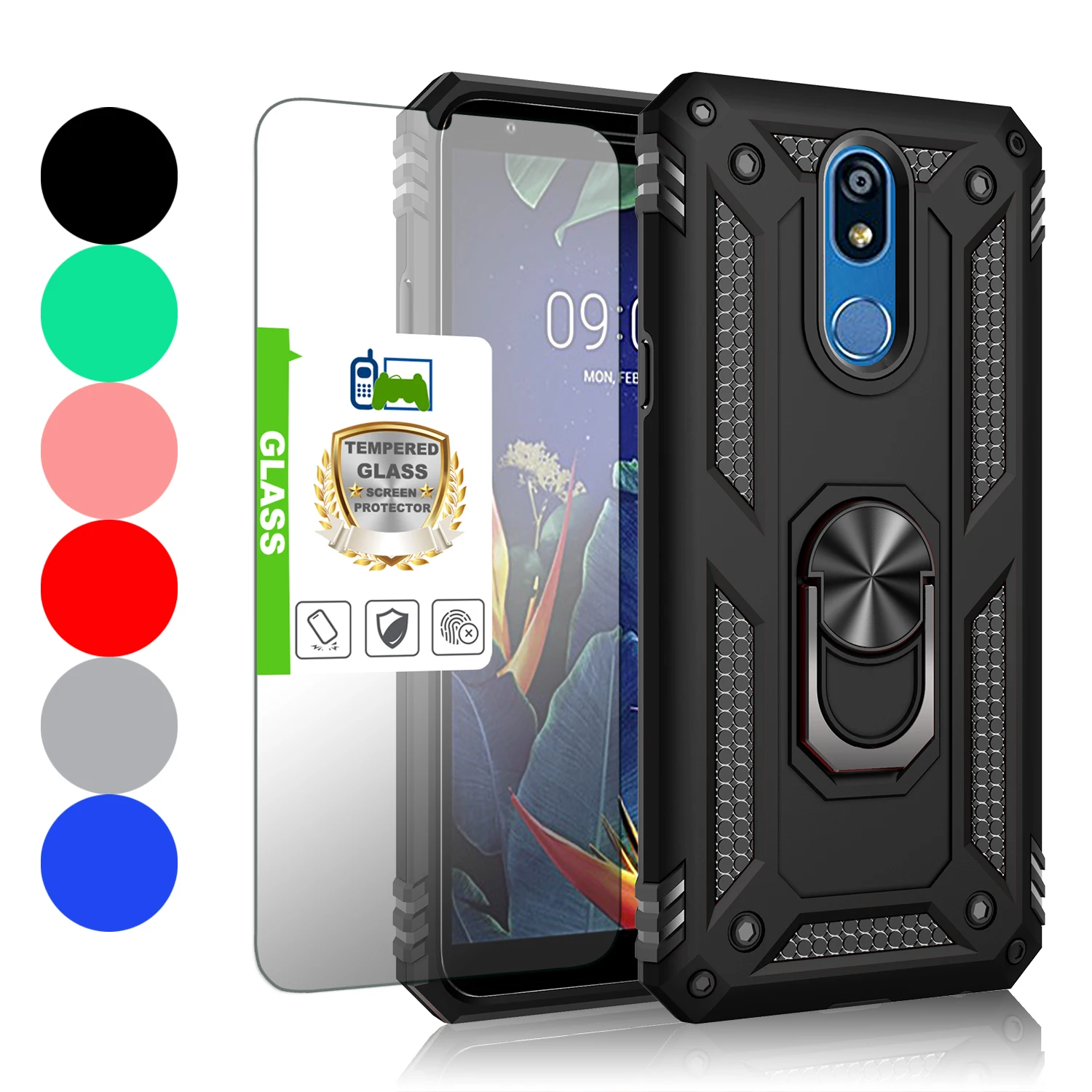 Per Lg K40/Lg K12 Plus/Lg X4/Lg Solo Lte/Lg Harmony 3/Lg Xpression Plus 2 Custodia Antiurto Per Telefono Con Supporto Ad Anello + Vetro Temperato