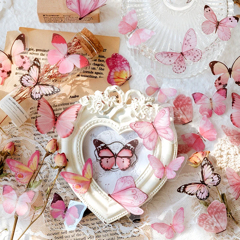 Decorative Stickers 40pcs Colorful Butterflies Decoupage Scrapbooking PET Stickers Kawaii Stationery Decals Notepad Art Students Phone Case