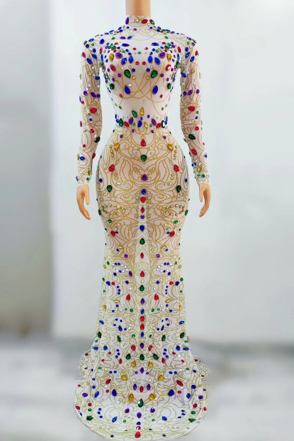 

Colorful Rhinestones Mesh Long Dress Birthday Celebrate Transparent Outfit Evening Female Singer Show Costume Dress jincan