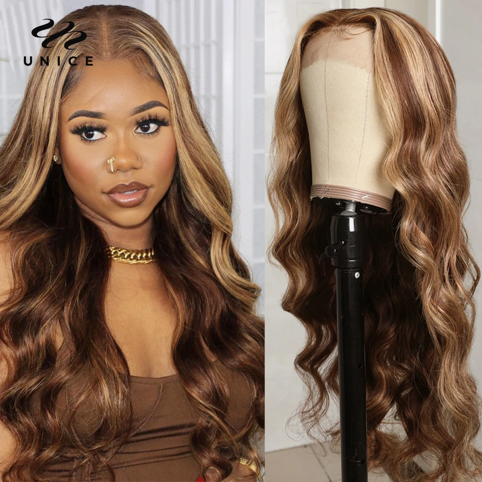 UNice Hair Blonde Highlight 13x5x1 Middle T-Part Lace Wig 100% Human Hair Pre Colored Body Wave Wig 150% Density Middle Part Wig