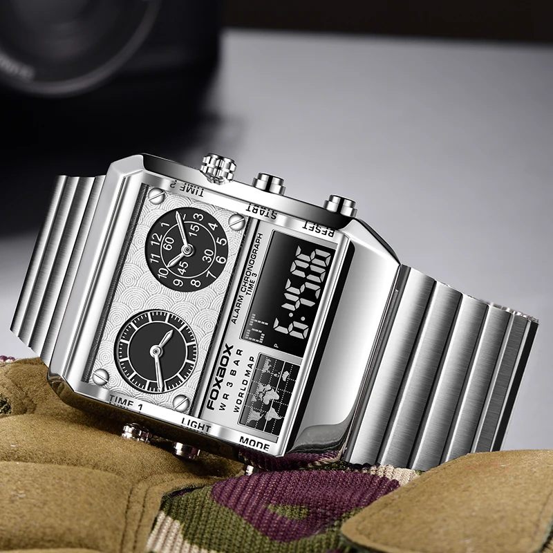 FOXBOX New Luxury Square Stainless Steel Waterproof Watch Men Fashion Men's Digital Watches Military Clock LED Sport Wristwatch