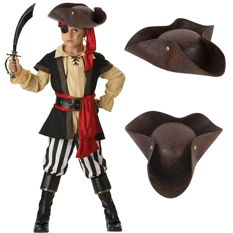 Heißes Kunstleder braun verzweifelt Tricorn Piraten hut Maskerade Party Kostüm Halloween Kapitän Cosplay Kappen Zubehör Hüte