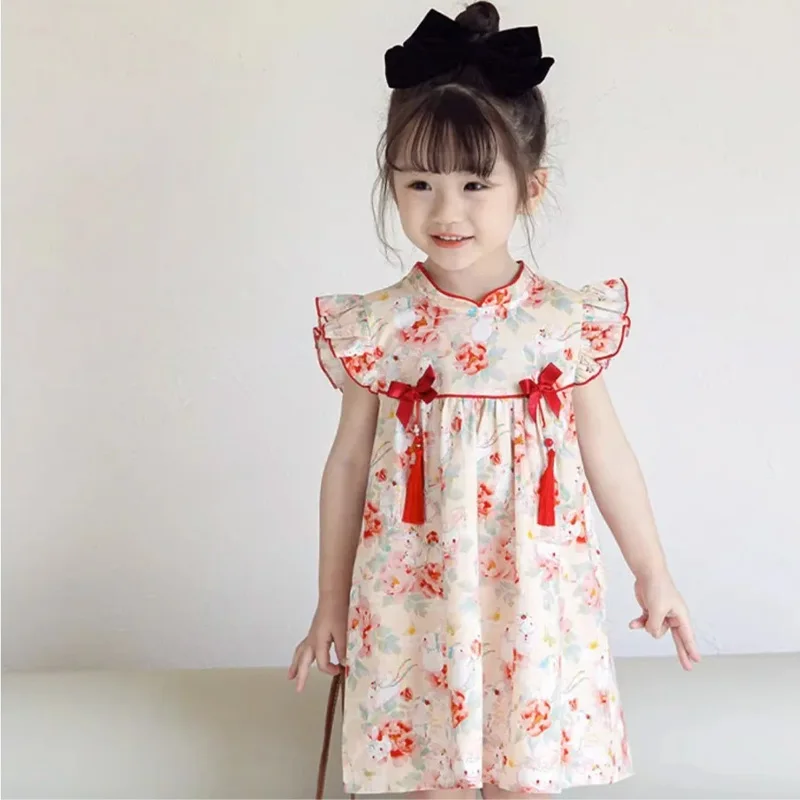 Sommerkleid für Mädchen, süßes Kaninchen, neue Mode, Baby-Prinzessin, Cheongsam-Kleid, erstes Jahr, Babykleid im chinesischen Stil