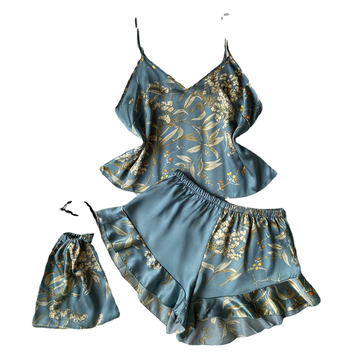 Sexy Silk V-neck Halter Pajamas+Stylish Printed Shorts Two-piece Simple Casual Suit Comfortable Home Wear Ladies Elegant Pajamas