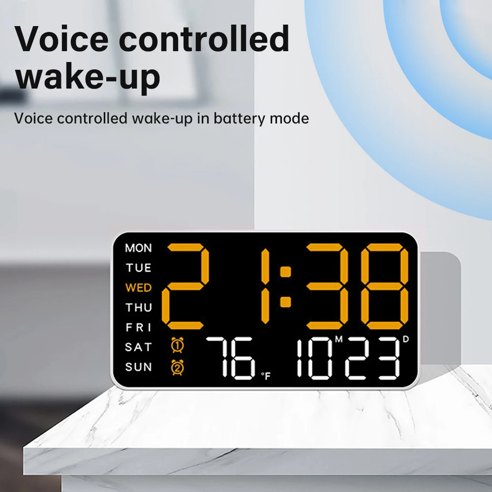 Large Digital Wall Clock Temperature Date Week Display 12/24H LED Alarm Clock Brightness Adjustment for Bedroom