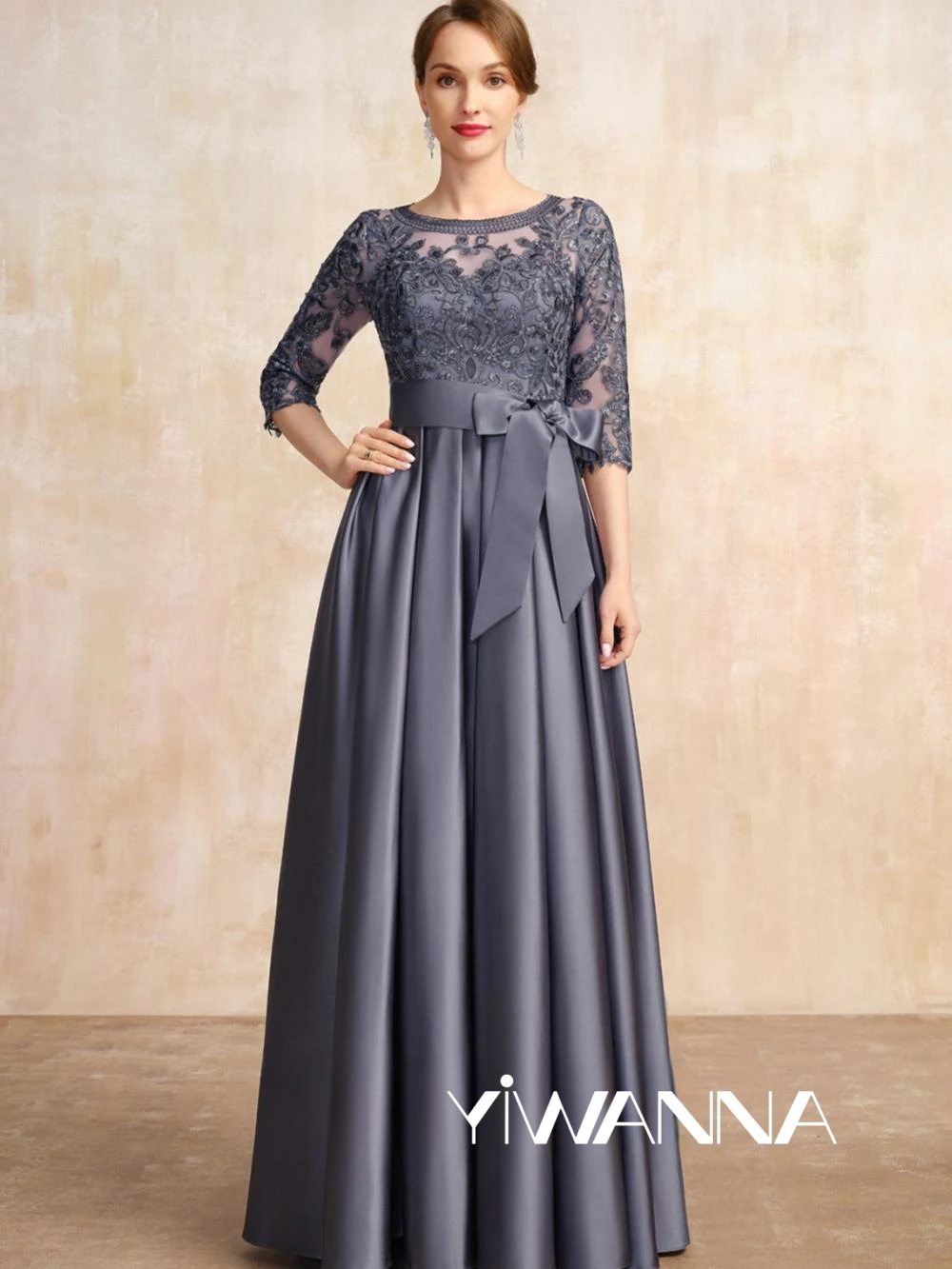 

3/4 Sleeve O-neck Mother Of The Bride Dress For Wedding Classic Lace Appliques Prom Dresses Modest Satin Long Evening Gown