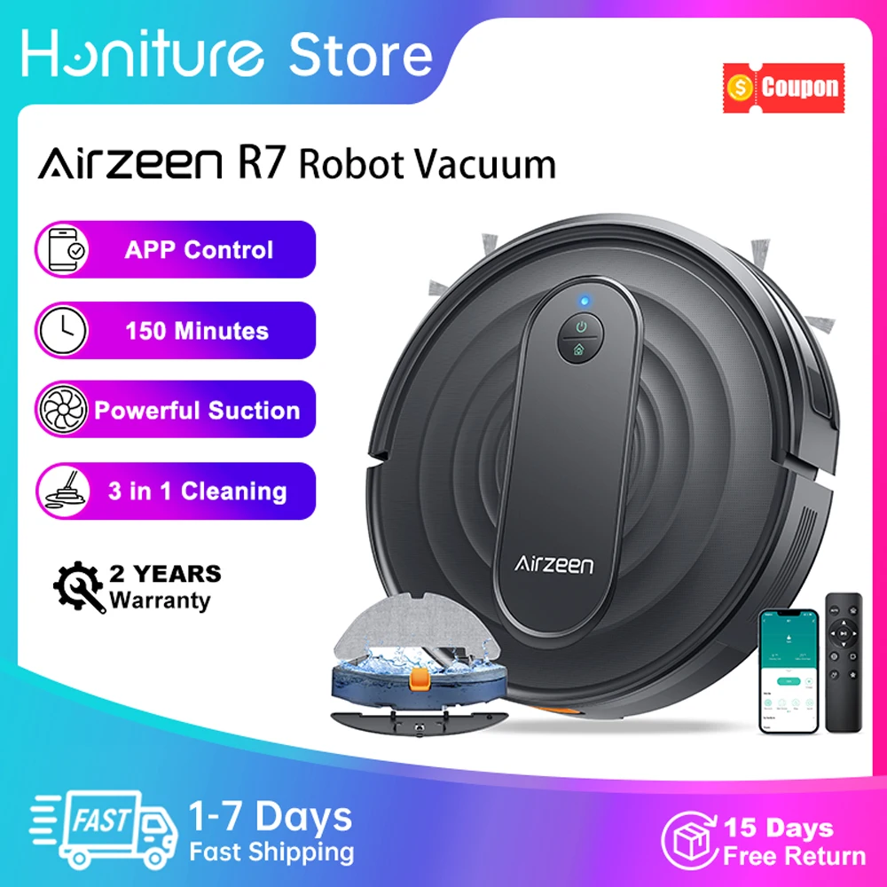 Airzeen R7 Roboter-Staubsauger mit Wischfunktion 3-in-1 Reinigung 4000Pa Saugkraft Smart App/Alexa-Steuerung Automatische Selbstaufladung für Tierhaare & Böden