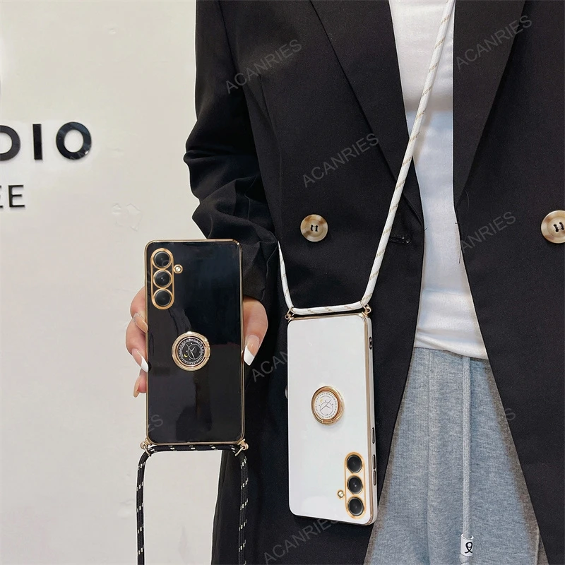 Luxury Plating Crossbody Lanyard Case with Ring Holder - Elegant Back Cover Accessory