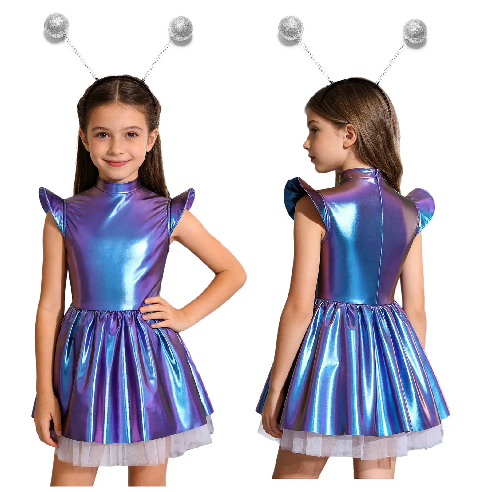 Girls Halloween Theme Party Alien Robot Astronaut Galaxy Warrior Dress Up Costume Metallic Shiny Zipper Outer Space Tutu Dress