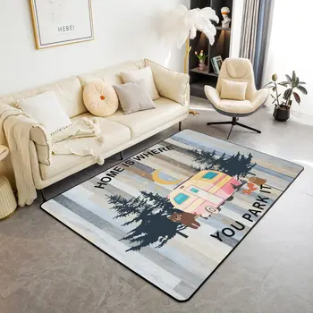 Happy Camping Living Room Rugs,Rv Car Area Rug,Vintage Farmhouse Style Non Slip Carpet, Camper Indoor Floor Mat for Travel Lover