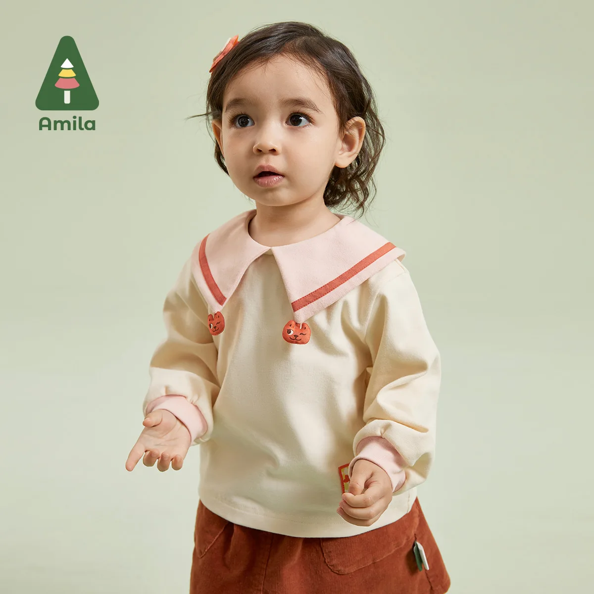 Amila T-shirt For Girls Autumn Fabric Lapel Cat Shaped Bishop Sleeve Cotton Fashion Breathable Children Clothes